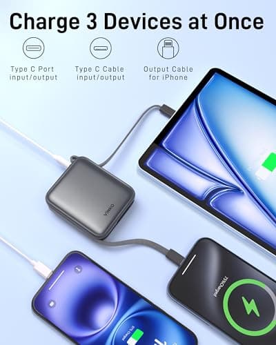 VINKO Small Power Bank with Built-in Cable,10000mAh Fast Charging Power Bank, 22.5W USB C Portable Charger, Mini Battery Pack for iPhone 16 15 14 13 Samsung Galaxy Google Android (Gray) — view 5