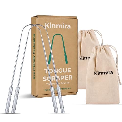 Kinmira Tongue Scraper (Pack of 2) - Stainless Steel Metal U-Shape Tongue Cleaner with Travel Pouch - Designed in London - Eco-Friendly Plastic-Free Packaging - Dental Hygiene & Fresh Breath