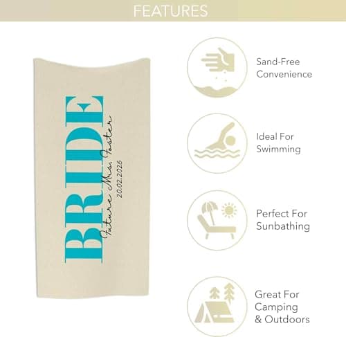 Print Maniacs Custom Bride Gift Beach Towel Personalised Name Date Microfibre Towel Large Quick Dry Lightweight Travel Towel Hen Party Honeymoon Wedding — view 4