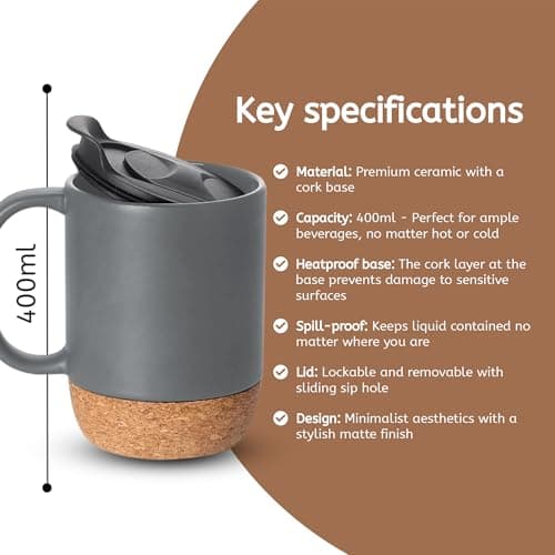 Ceramic Travel Mug with Handle, Lockable Lid, Heat Proof Base - Dark Grey — view 4