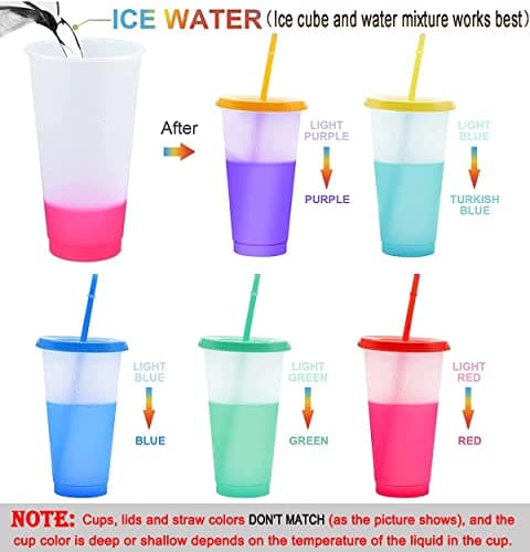 CUJIM Reusable Color Changing Cup - 5 Pack 24oz Travel Iced Coffee Mug Tumbler with Straw Lid,Plastic Smoothie Milkshake Bottle Magic Cold Drink Party Water Cups & Go Cup for Kids Adults — view 2