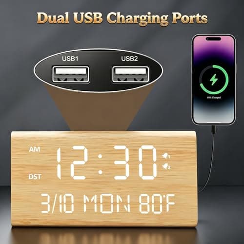 Kogonee Wooden Digital Alarm Clock, 0-100% Dimmer, 2 Alarm Settings, Weekday/Everyday Mode, 9 Mins Snooze, 12/24H, Temperature and Date Display for Office, Travel, Bedroom Alarm Clock (Bamboo) — view 3