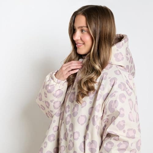 OHS Women's Jackets Changing Robe, Leopard Print Oversized Waterproof Jacket Fleece Lining Rain Coats for Women with Hood & Pockets Drying Robe Ladies Jackets for Outdoor Travel, Beige - S/M — view 3