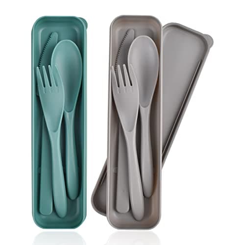 2 Pack Portable Picnic Set, Reusable Plastic Fork, Spoon, Knives with Case