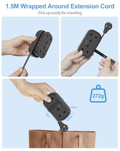 UK to US Plug Adapter with 1.5M Extension Cable, FDTEK 2 Way Travel Extension Lead with 3 USB Slots & Retractable USB C Cable, Type B Travel Adapter for American, Thailand, Canada, Mexico — view 5