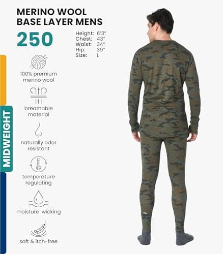 100% Merino Wool Base Layer Men Set - Thermal Underwear Mens + Hiking Socks (X-Large, 250 Camo) — view 2