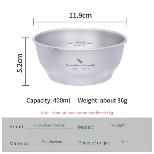 iBasingo Pure Titanium Camping Bowl, 400ml Single Wall Bowl with Inner Scale Ultralight Stackable Outdoor Cooking Tableware for Travel Backpacking Hiking Home Used Ti1105T — view 3