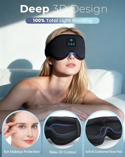 Bluetooth Sleep Mask Headphones, 3D Eye Mask with Headphone, Total Blackout, Breathable & Comfortable, Long Battery Life, Sleep Headphones for Travel, Nap, Shift Work & Sleeping — view 2