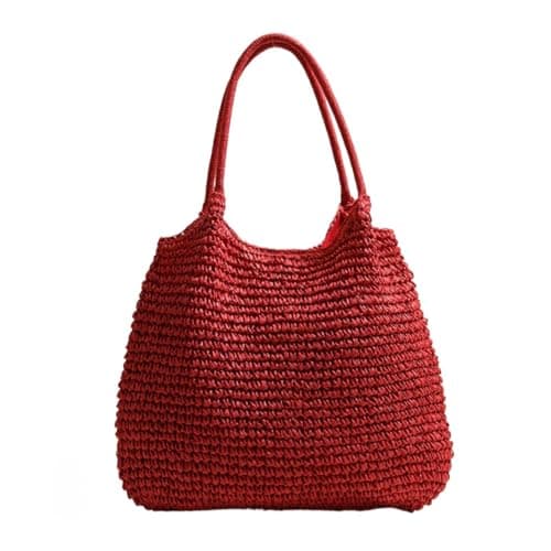Beach Bags for Women Summer Travel Tote Shoulder Bag Straw Knitted Fashion Handbags (Red)