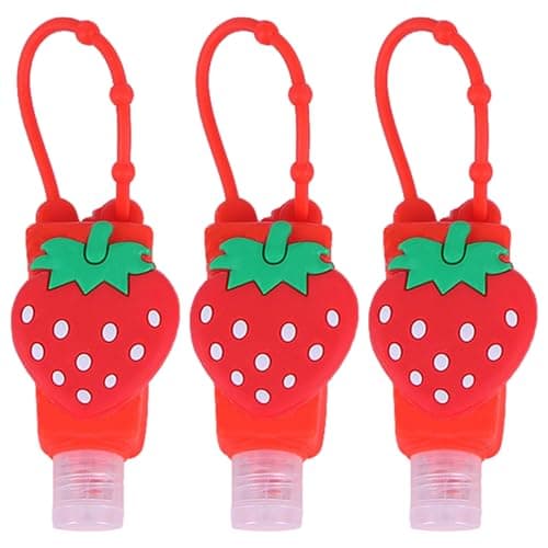3 Pcs Strawberry Empty Travel Bottle Kids Hand Sanitiser Bottles, Strawberries Refillable Bottle Cosmetic Container, Silicone Case Keychain Carrier, Refillable Portable Travel Containers Tools