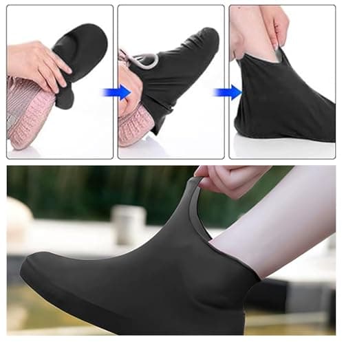 Clyndora 4 Pairs Black Reusable Waterproof Shoe Covers, Non-Slip Rubber Overshoes for Outdoor Activities Like Hiking and Cycling — view 4