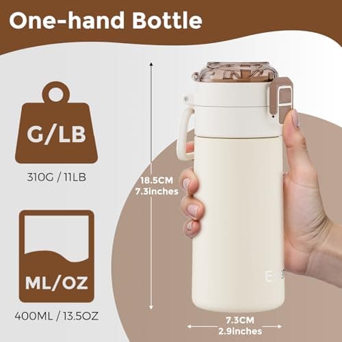 Exllena Small Insulated Water Bottle 400ml with Pop-Open Soft Straw & Spout 2-in-1 Lid, Kids Insulated Water Bottle Leak Proof for Cold&Hot Drinks, BPA-Free, Ideal for School, Handbag, Sport(Beige) — view 5