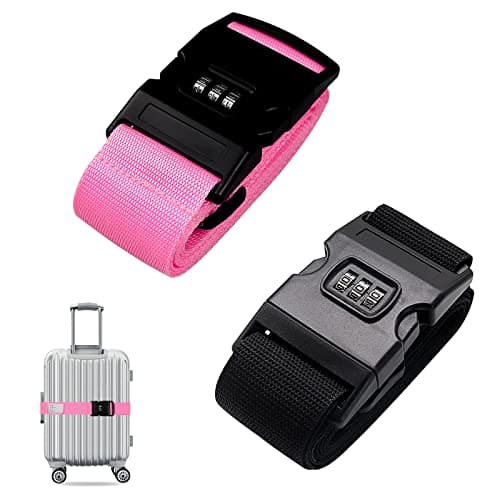 Luggage Strap, 2pcs Suitcase Straps with Password Lock Information Card, Adjustable Travel Packing Accessories Suitcase Belts with Buckle (Black+Pink, 2 PCS Set)