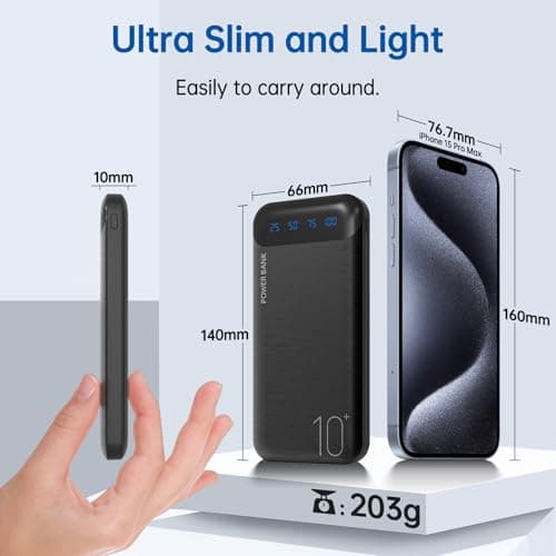 Portable Charger 10000mAh Slim USB C Input and Output Power Bank with LED Display Lightweight External Battery Pack Compatible for iPhone 14/13/12, iPad, Samsung etc. (black) — view 5