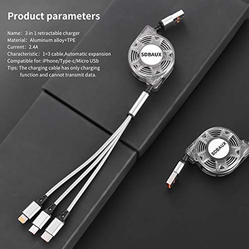 SDBAUX 2 Pack Multi Charging Cable 1M, 3A Retractable Charger Cord 3 in 1 — view 5