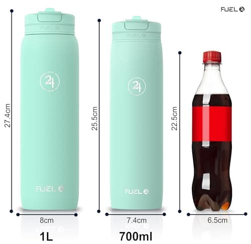 Fuel24 Duo - Stainless Steel Water Bottle 700ml or 1L - Vacuum Insulated Metal Flask with Straw (Dual use Lid) 1 Litre - for Sports, Gym, Work – Slim Design (Mint, 700 ml) — view 4
