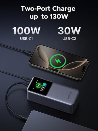 UGREEN Nexode Power Bank 20000mAh 130W Fast Charging, 3-Port USB C Portable Charger Smart Digital Display Battery Pack Compatible with Dell, HP, ASUS, iPad, iPhone Air/17/16, Galaxy S25, AirPods — view 6