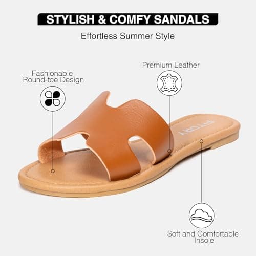 FITORY Women's Flat Sandals Slip On Leather Sliders Warm Brown Size 4 — view 3