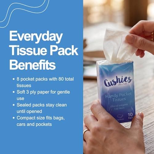 Cushies Pocket Tissues 8 Pack Multipack, 80 Soft 3 Ply Paper Hankies, Travel Size Tissue Pocket for Handbag, Car, School Bag, Ideal for Colds and Hay Fever — view 3