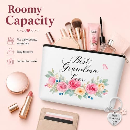 RUHSNJK 2 Piece Grandma Gifts, Watercolor Floral Cosmetic Bag and Heart Keychain, Versatile Presents for Grandmother for Travel Home and Daily Accessory — view 4