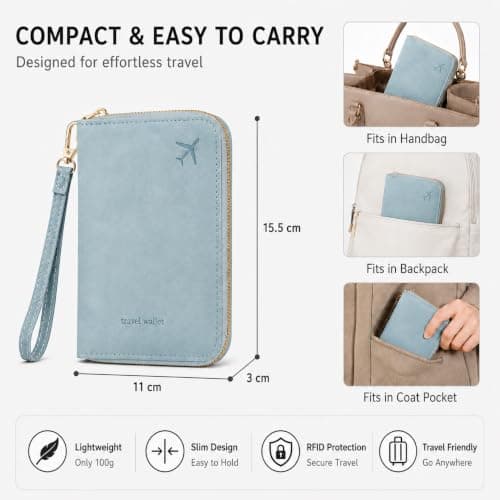 ILIYAH RFID Passport Wallet Holder - PU Leather Travel Document Organiser with Zipper Wrist Strap Card Coin SIM Slots for Men Women Family Trips (Blue) — view 5