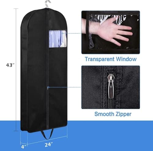 MISSLO 3 Packs Hanging Garment Bags for Clothes, 109CM Suit Bag Carriers for Women Men Suit Covers with Handle for Dresses, Coats Storage and Travel, Black — view 4
