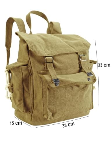 Vintage Canvas Backpack Webbing Rucksack 100% Cotton Army Style Satchel with Side Pockets - Work Travel School Bag - Khaki Beige — view 3