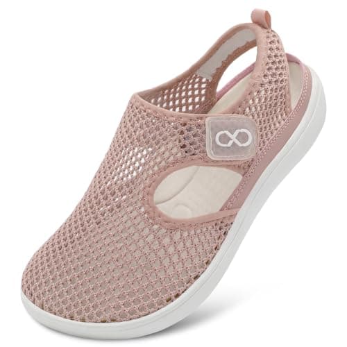 JOINFREE Womens Sandals Wide Fit Walking Trainers Mesh Breathable Zero Drop Barefoot Adjustable Summer Holiday Shoes Closed Toe for Beach Garden Travel Daily Wear Anti-Slip Dusty Pink