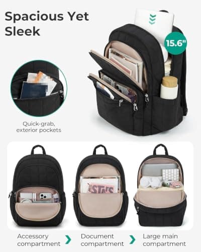 Quilted College Backpack, Stylish Padded Laptop Daypack, Multi-Pocket Lightweight Travel Bookbag for Daily Commute & Work — view 3