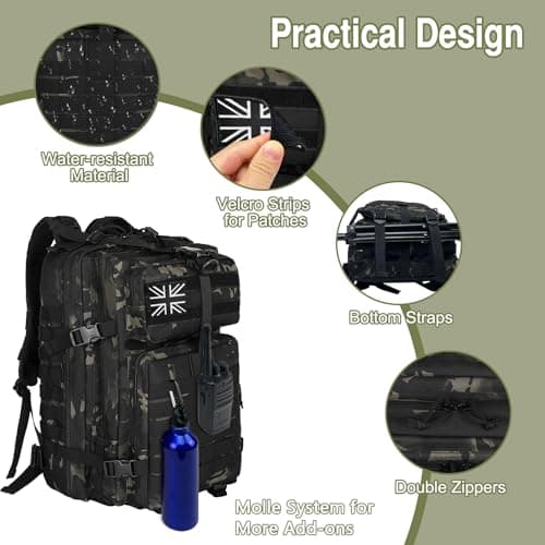 WOLT | Tactical Backpack for Men 45L Military Backpack Large 3 Day Molle Assault Pack Rucking Backpack for Survival Hiking, Camouflage Black — view 3