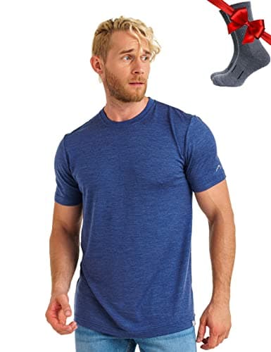 100% Merino Wool T Shirt Mens - Merino Wool Base Layer Men + Hiking Socks (Medium, Chicago Blues)