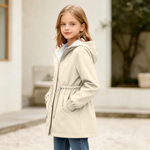 Beige Girls Waterproof Jacket Windproof Hooded Raincoat Outdoor 13 Years — view 3