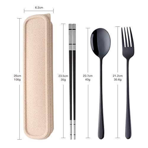 SBOMHS 18/10 Stainless Steel Travel Cutlery with Case Set Portable Chopsticks Spoon Fork set Black Colored for School Home Office Camping Outdoor — view 2