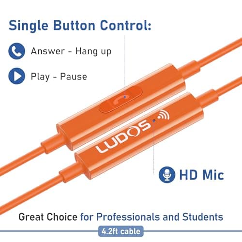 Ludos ZENITH Wired Earbuds in-Ear Headphones, 2 Year Warranty, Earphones with Microphone, Corded for 3.5mm Jack Ear Buds for iPhone, Samsung, Computer, Laptop, Kids, School Students, Woman - Orange — view 4