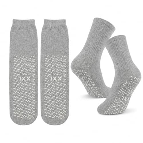 Pluvikon 2 Pairs Tread Non Slip Hospital Socks, Anti Slip Grip Traction Socks for Men Women, Cotton Travel Slipper Sock, One Size Fits All, Fall Prevention,Home Recovery and Travel Use, Grey