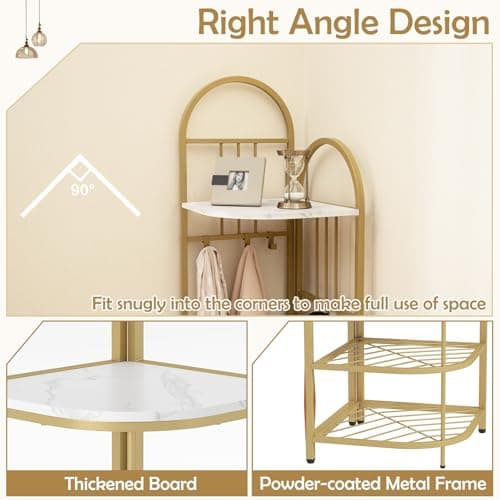 COSTWAY Corner Coat Rack Stand, 4-Tier Freestanding Hall Tree with Shoe Bench, Storage Shelves & 6 Hooks, Metal Frame Garment Rack Clothes Hanger Organiser for Hallway Bedroom (White + Gold) — view 3