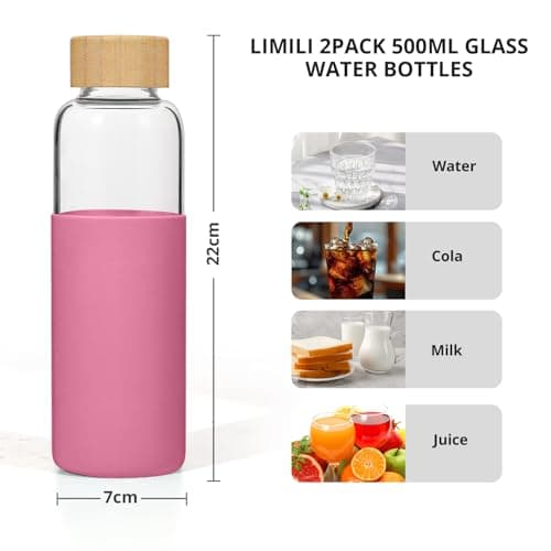 LIMILI 2 pack 500ML Glass Water Bottles With Bamboo Lids and Silicone Covers, Leak Proof Reusable Drinking Bottles for Hot Cold Drinks, Work, Gym, Home — view 3