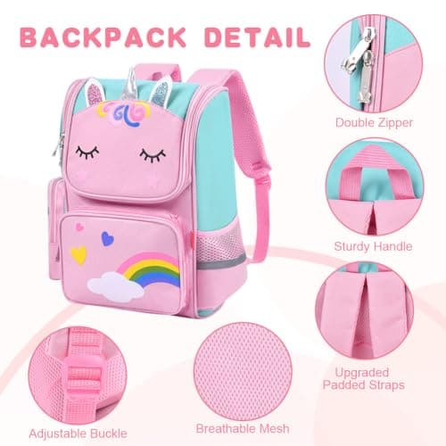 Aucuu Girls' Backpack, Cute Unicorn School Bags, Kawaii Backpack, Waterproof School Bags for Girls, Large Capacity Children's Back-pack, for Elementary, Kindergarten - Pink — view 3