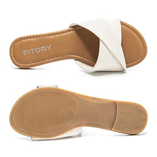 FITORY Women's Sandals Flat Slip On Leather Summer Slide Pure White Size 6 — view 4