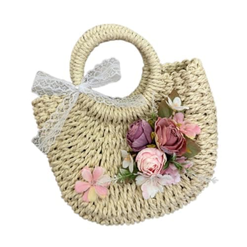 ECMQS Handle Bridal Beach Bag with Floral Woven Body, Purple