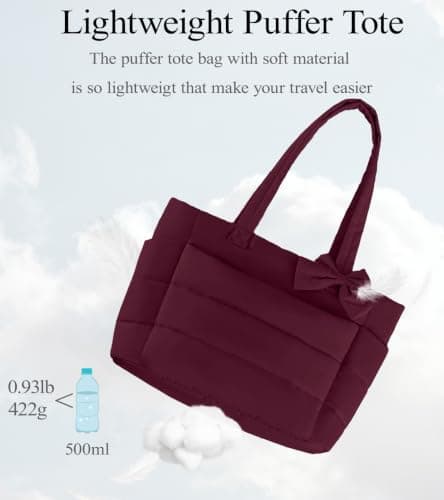 CTWWFS Puffer Tote Bag for Women, Quilted Bow Tote Bag with Cup Holder & 15.6 In Laptop Compartment for Work, Travel, Gym, College (Burgundy) — view 6