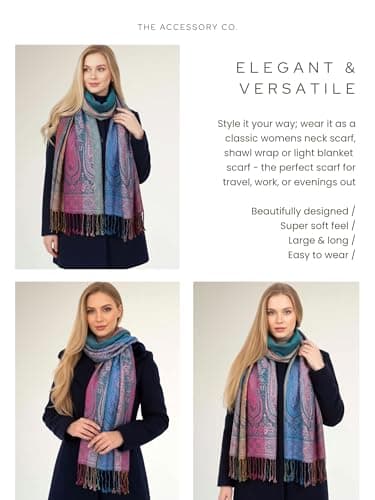 Women Pashmina Scarf Shawl Wrap - Large Long Paisley Floral Rainbow Ladies Scarves, Wearable Blanket Scarf, Womens Winter Scarfs, Indian Shawl Wedding Evening Stole, Head Scarf (Turquoise Teal) — view 3