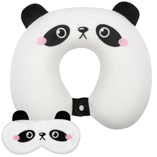Alaoo Travel Pillow, Removable Memory Foam Kids Travel Pillow with Zips, Convenient & Portable U Shaped Neck Pillows with Cute Eye Mask for Adults Children for Home, Office, Sleeping (White Panda)