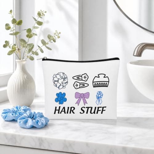 Merzio Hair Accessories Organiser Bag for Women, Portable Travel Makeup Pouch with Zipper, Cute Canvas Storage Case for Hair Clips Scrunchies Ties and Toiletries — view 5