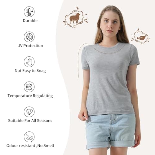 Merino Protect 100% Merino Wool T-Shirt Women Crew Neck Tops Short Sleeve Base Layers for Travel Hiking Tee Light Grey — view 3