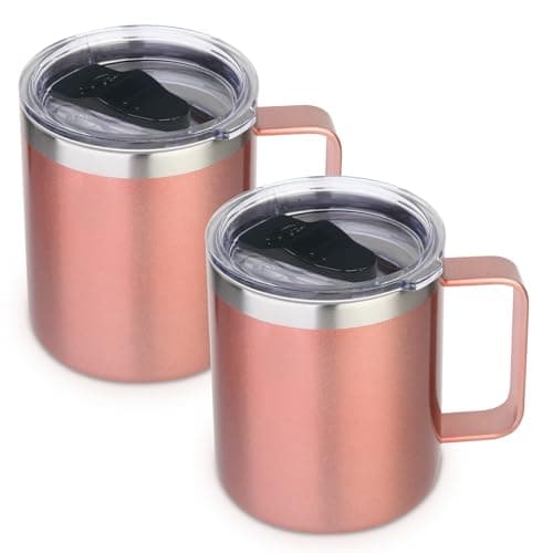 Volhoply 14oz Insulated Stainless Steel Coffee Mug with Lid Bulk 2 Pack,Double Wall Vacuum Travel Coffee Cup with Handle,Reusable Metal Tumbler,Camping Mugs Keep Hot,Christmas Gifts(Rose Gold,2)