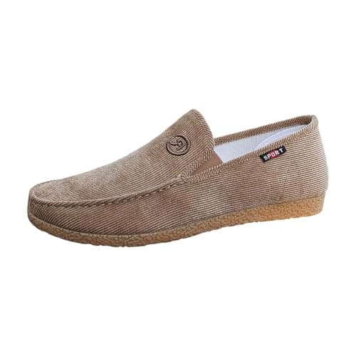 Mens Wide Fit Loafers Slip On Casual Single Shoes Embroidered Textured Rubber Outsole Deck Sneakers Breathable Lightweight Soft Sole Comfortable Trainers for Travel Walking,Khaki, Size 8