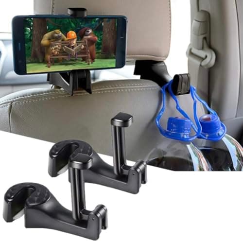 Orco 2 Pack Car Headrest Hook with Phone Holder, 2-in-1 Universal Back Seat Hanger for Purses and Bags, 360° Rotation Heavy Duty Vehicle Organizer, Compatible with 4.0-6.44" Smartphones - Black
