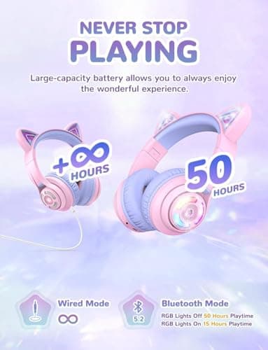 iClever BTH13 Kids Headphones Wireless Girls LED Cat Ear Travel Gift — view 4