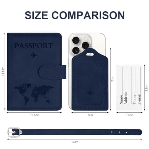 OFFCUP Passport Holder Cover, PU Leather Passport Cover and Luggage Tag Set with RFID Blocking Travel Wallet, Universal Travel Wallet Case Organiser for Money, Boarding Passes, Credit Cards Dark Blue — view 2